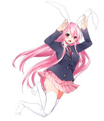 Rule 34 | 1girl, :d, absurdres, animal ears, arms up, black jacket, blazer, blush, collared shirt, crescent, crescent pin, fang, full body, highres, jacket, long hair, long sleeves, looking at viewer, miniskirt, necktie, no shoes, open mouth, pink hair, pink skirt, pleated skirt, rabbit ears, red eyes, red hair, reisen udongein inaba, school uniform, shirt, simple background, skirt, smile, solo, straight hair, thighhighs, touhou, very long hair, white background, white thighhighs, wing collar, yukina (masyumaro610), zettai ryouiki