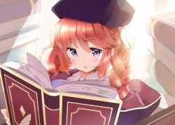 Rule 34 | 1girl, backlighting, beret, black hat, blush, book, book stack, bookmark, braid, brown hair, collared dress, commentary request, dress, hair between eyes, hair over shoulder, hat, hood, hood down, long hair, looking at viewer, open book, parted lips, princess connect!, purple eyes, solo, twin braids, upper body, uruc, white dress, yuni (princess connect!)