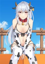 Rule 34 | 1girl, animal ears, animal print, azur lane, bare shoulders, bell, bikini, blue sky, blush, braid, breasts, butterfly hair ornament, cleavage, closed mouth, cloud, collar, collarbone, commentary request, cow ears, cow horns, cow print, cowboy shot, crown braid, day, detached sleeves, dunkerque (azur lane), fake animal ears, fake horns, fence, grey hair, hair between eyes, hair ornament, highres, horns, large breasts, leaning forward, long hair, looking at viewer, multi-strapped bikini, navel, neck bell, ponytail, red collar, red eyes, rei (09991), side-tie bikini bottom, sidelocks, sitting, skindentation, sky, sleeves past wrists, solo, stomach, swimsuit, thighhighs, white bikini, white sleeves, white thighhighs, wooden fence