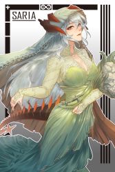 Rule 34 | 1girl, absurdres, arknights, bouquet, breasts, bridal gauntlets, brown eyes, character name, cleavage, commentary, dragon, dragon horns, dragon tail, dress, english commentary, feet out of frame, flower, gradient background, green dress, grey background, highres, holding, holding bouquet, horns, large breasts, lipstick, long hair, long sleeves, looking at viewer, makeup, mature female, nail polish, najashi, outline, parted lips, red nails, saria (arknights), sidelocks, silver hair, solo, standing, tail, very long hair, white flower, white outline