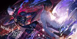 2boys arjuna_(fate) black_coat black_hair brass_knuckles christmas closed_eyes coat colored_skin dark-skinned_male dark_skin egawa_akira fate/grand_order fate_(series) gloves hair_over_eyes highres hood hood_up indian_clothes karna_(fate) karna_(santa)_(fate) male_focus multiple_boys red_gloves short_hair weapon white_gloves white_hair white_skin