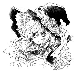 Rule 34 | 1girl, arata iri, book, expressionless, female focus, flower, greyscale, hat, kirisame marisa, long hair, monochrome, solo, touhou, witch, witch hat