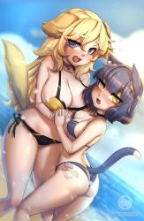 Rule 34 | 2girls, :3, animal ear fluff, animal ears, ass, beach, bikini, bikini day, blonde hair, blue eyes, blue sky, blush, breasts, cat ears, cat girl, cat girl (merryweather), cat tail, cleavage, cloud, commentary, day, dog ears, dog girl, dog girl (merryweather), dog tail, ermao wu, highres, large breasts, long hair, looking at viewer, multiple girls, nose blush, open mouth, original, outdoors, sand, short hair, sky, small breasts, standing, swimsuit, tail, yellow eyes
