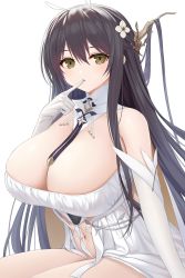 Rule 34 | 1girl, absurdres, asamura hiori, azur lane, bare shoulders, black hair, blush, breasts, center opening, cleavage, detached collar, dress, elbow gloves, flower, gloves, green eyes, hair flower, hair ornament, hair ribbon, highres, huge breasts, indomitable (azur lane), long hair, looking at viewer, navel, neck ribbon, ribbon, solo, thighs, very long hair, white dress, white gloves