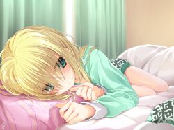 Rule 34 | 1girl, blonde hair, blush, chaamii, closed mouth, commentary request, curtains, empty x embryo, expressionless, eyes visible through hair, foreshortening, full body, green eyes, green pajamas, hair between eyes, hair over shoulder, head on pillow, highres, indoors, kono natsuki, long hair, long sleeves, looking at viewer, lying, on bed, on side, pajamas, pillow, pink pillow, signature, solo