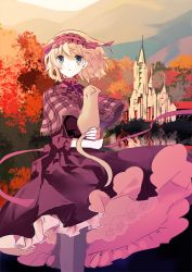 Rule 34 | 1girl, alice margatroid, alternate costume, animal, autumn, bad id, bad twitter id, blonde hair, blue eyes, capelet, cat, cierra (ra-bit), dress, hairband, leaf, long sleeves, looking away, looking up, pantyhose, parted lips, plaid, red dress, ribbon, short hair, solo, touhou, tree, upskirt