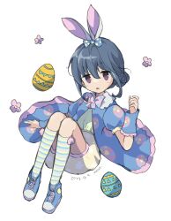 Rule 34 | 1girl, animal ears, blue hair, cape, easter, easter egg, egg, fake animal ears, flower, hair bun, happy easter, highres, long hair, looking at viewer, mint (mintlemonade3), open mouth, purple eyes, rabbit ears, shima rin, shoes, shorts, socks, solo, white background, yurucamp