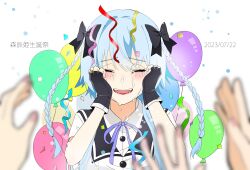 Rule 34 | 3girls, assault lily, balloon, birthday, black bow, black gloves, black sailor collar, blue hair, blurry, blurry foreground, blush, bow, braid, buttons, character name, chimimago, closed eyes, collared shirt, commentary, confetti, crying, dated, facing viewer, fangs, fingerless gloves, gloves, hair between eyes, hair bow, hands on own cheeks, hands on own face, highres, jewelry, long hair, mori tatsuki, multiple girls, neck ribbon, out of frame, parted lips, purple ribbon, raised eyebrows, ribbon, ring, sailor collar, school uniform, shirt, short sleeves, simple background, smile, solo focus, tears, teeth, translated, twin braids, upper body, upper teeth only, white background, white shirt