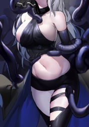 Rule 34 | 1girl, absurdres, arknights, bare shoulders, black gloves, black pants, breasts, clothing cutout, cowboy shot, crop top, elbow gloves, gloves, head out of frame, highres, jiadedaoshi, large breasts, navel, pants, sideboob, skadi (arknights), solo, stomach, tentacles, thigh cutout