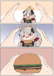 Rule 34 | 1girl, 1other, 3koma, black gloves, blue archive, blush, burger, chibi, comic, food, gloves, grey hair, hair ornament, hair ribbon, hairclip, halo, holding, holding food, horns, izumi (blue archive), long hair, long sleeves, low twintails, moonjunk, open mouth, orange eyes, pov, pov hands, red ribbon, ribbon, ruliweb (website), saliva, second-party source, silent comic, simple background, snoot challenge, sweat, trembling, twintails