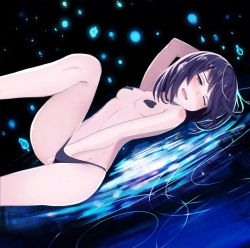 1girl alice_(mary_skelter) black_hair blush female_focus female_masturbation hand_in_panties looking_at_viewer mary_skelter masturbation nanameda_kei official_art one_eye_closed open_mouth panties saliva short_hair solo tears underwear