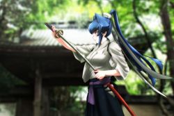 Rule 34 | 1girl, armor, blue hair, blurry, blush, breasts, depth of field, dougi, fighting stance, from side, genya (genya67), hair intakes, hair ornament, hairclip, hakama, hakama skirt, highres, holding, holding sword, holding weapon, japanese armor, japanese clothes, katana, kimono, large breasts, lips, long hair, muv-luv, muv-luv alternative, photo background, ponytail, ready to draw, sheath, skirt, solo, sword, unsheathing, very long hair, weapon