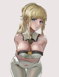 Rule 34 | 1girl, absurdres, arecus, bare shoulders, blonde hair, blue eyes, breasts, cleavage, detached collar, genshin impact, highres, jean (genshin impact), large breasts, long hair, looking at viewer, pants, ponytail, sidelocks, simple background, solo, tight clothes, white background, white pants