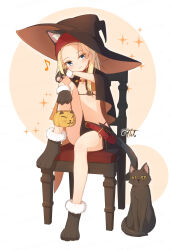 Rule 34 | 1girl, absurdres, animal, animal ear fluff, animal ears, belt, belt buckle, bikini, black bikini, black capelet, black cat, black footwear, black gloves, black hat, black skirt, blonde hair, blue eyes, blush, brown background, buckle, capelet, cat, cat ears, closed mouth, commentary request, coreytaiyo, dated, eighth note, full body, fur-trimmed footwear, fur-trimmed gloves, fur trim, gloves, halloween, halloween bucket, hat, highres, holding, knee up, micro bikini, musical note, on chair, original, paw shoes, red belt, signature, sitting, skirt, smile, solo, sparkle, swimsuit, two-tone background, white background, witch hat
