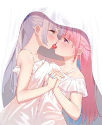 Rule 34 | 2girls, absurdres, alternate hairstyle, bare shoulders, blue eyes, blue nails, blush, braid, breast press, breasts, couple, dress, eye contact, face-to-face, food, french braid, from side, fruit, gradient eyes, hair ornament, hair scrunchie, highres, holding hands, hololive, indirect kiss, interlocked fingers, kagura gumi, kagura mea, long hair, looking at another, medium breasts, minato aqua, multicolored eyes, multicolored hair, multiple girls, nail polish, open mouth, pink eyes, pink hair, saliva, saliva trail, scrunchie, silver hair, strawberry, streaked hair, symmetrical docking, tongue, twintails, veil, virtual youtuber, white dress, yao unripe, yellow eyes, yuri