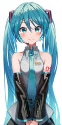 Rule 34 | 1girl, aqua eyes, aqua hair, aqua necktie, bib (bibboss39), blouse, closed mouth, copyright name, detached sleeves, grey shirt, hair between eyes, hatsune miku, headset, highres, long hair, looking at viewer, necktie, own hands together, shirt, shoulder tattoo, simple background, sleeveless, sleeveless shirt, smile, solo, tattoo, twintails, very long hair, vocaloid, white background