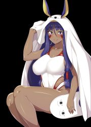 Rule 34 | &lt;o&gt; &lt;o&gt;, 1girl, absurdres, animal ears, ao banana, black background, blanket, blunt bangs, blush, breasts, cleavage, closed mouth, collarbone, competition swimsuit, cosplay, covered navel, dark-skinned female, dark skin, earrings, facepaint, facial mark, fate/grand order, fate (series), hair between eyes, hair tubes, hairband, hand up, highleg, highleg swimsuit, highres, hoop earrings, jackal ears, jewelry, kickboard, large breasts, long hair, looking at viewer, low-tied long hair, medjed (fate), medjed (fate) (cosplay), nitocris (fate), nitocris (fate/grand order), nitocris (swimsuit assassin) (fate), nitocris (swimsuit assassin) (second ascension) (fate), one-piece swimsuit, purple eyes, purple hair, sidelocks, simple background, sitting, smile, solo, swimsuit, thighs, very long hair, white one-piece swimsuit