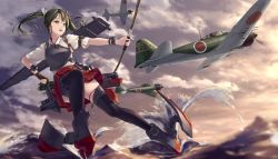 Rule 34 | 10s, 1girl, a6m zero, aircraft, black thighhighs, bow (weapon), cloud, cloudy sky, green eyes, green hair, kantai collection, matching hair/eyes, rokuwata tomoe, sky, solo, thighhighs, twilight, twintails, vehicle focus, weapon, zuikaku (kancolle)