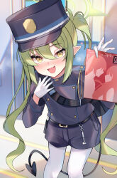 Rule 34 | 1girl, absurdres, belt, black belt, black hat, black jacket, black shorts, black tail, blue archive, blush, book, demon tail, earrings, feet out of frame, gloves, green hair, hat, highlander twintails conductor (blue archive), highres, holding, holding book, jacket, jewelry, long hair, long sleeves, looking at viewer, manga (object), mi taro333, open mouth, pantyhose, peaked cap, pointy ears, shorts, single earring, smile, solo, tail, twintails, white gloves, white pantyhose, yellow eyes