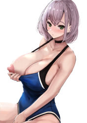 Rule 34 | 1girl, absurdres, bare shoulders, black choker, blush, breasts, choker, cleavage, covered navel, green eyes, highres, hololive, huge breasts, mon (manarestra), nipples, one-piece swimsuit, one breast out, shirogane noel, short hair, sitting, swimsuit, virtual youtuber, white background