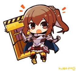 Rule 34 | 1girl, armor, artist name, blush, brown eyes, brown hair, chibi, dump truck (ole tower), gauntlets, holding, long hair, off-road dump truck (ole tower), ole tower, open mouth, pauldrons, ponytail, shoulder armor, side ponytail, simple background, solo, white background, yuzuki gao