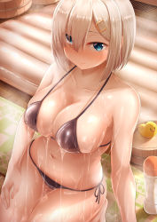 Rule 34 | 1girl, air mattress, alternate costume, bare arms, bare legs, bare shoulders, bathroom, bikini, black bikini, blue eyes, blush, bottle, breasts, cleavage, closed mouth, collarbone, commentary request, eyes visible through hair, hair ornament, hair over one eye, hairclip, halterneck, hamakaze (kancolle), highres, indoors, kantai collection, large breasts, looking at viewer, lotion, lotion bottle, lube, navel, nicoby, nuru massage, rubber duck, seiza, short hair, side-tie bikini bottom, silver hair, sitting, soapland, solo, steam, string bikini, suggestive fluid, swimsuit, wet, wet hair