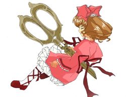 Rule 34 | 00s, 1girl, blonde hair, bow, closed eyes, hinaichigo, impaled, pink bow, profile, rozen maiden, scissors, solo