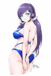 Rule 34 | 1girl, arms behind back, artist name, artist request, bare legs, bare shoulders, bikini, blue bikini, blue panties, blush, breasts, female focus, green eyes, hair ornament, hair scrunchie, long hair, looking at viewer, looking back, love live!, love live! school idol project, medium breasts, panties, parted lips, purple hair, relaxjon, scrunchie, smile, solo, swimsuit, tojo nozomi, twintails, underwear, white background, white scrunchie