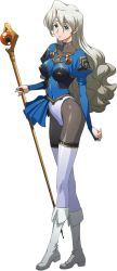 Rule 34 | 1girl, blue eyes, bodysuit, boots, breasts, breasts apart, bridal gauntlets, closed mouth, covered navel, full body, grey bodysuit, headband, highres, holding, holding staff, knee boots, langrisser, langrisser iii, leotard, liffany (langrisser), long hair, long sleeves, looking at viewer, medium breasts, mole, mole under eye, official art, silver hair, solo, staff, standing, transparent background, very long hair, white footwear, white headband
