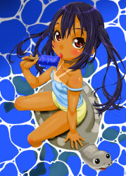 Rule 34 | 1girl, absurdres, black hair, blush, collarbone, downblouse, flat chest, highres, k-on!, kiyoshi (miller), long hair, miller (qoochan007), nakano azusa, one-piece tan, popsicle, shorts, solo, strap slip, tan, tank top, tanline, ton-chan, tongue, turtle, twintails