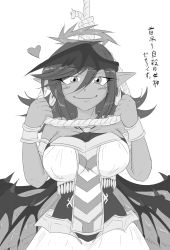 Rule 34 | 1girl, armlet, bare shoulders, bracelet, breasts, choker, covered erect nipples, darklord ixchel, demon girl, demon wings, dress, duel monster, earrings, fang, female focus, full body, gluteal fold, halo, head wings, highres, jewelry, large breasts, long hair, looking at viewer, monochrome, multicolored clothes, multicolored dress, multiple wings, navel, open mouth, pointy ears, purple eyes, purple hair, shoes, short dress, simple background, smile, solo, stomach, thighhighs, torn clothes, torn thighhighs, white background, white thighhighs, wings, yellow footwear, yu-gi-oh!