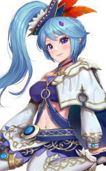 Rule 34 | 1girl, :3, arm support, blue hair, blush, breasts, cape, closed mouth, commentary request, detached sleeves, feather hair ornament, feathers, gonzarez, hair ornament, highres, hyrule warriors, jewelry, lana (hyrule warriors), large breasts, long hair, looking at viewer, midriff, navel, nintendo, pantyhose, ponytail, purple eyes, purple footwear, purple skirt, side ponytail, sidelocks, simple background, single bare shoulder, sitting, skirt, smile, solo, strapless, swept bangs, the legend of zelda, thighlet, tube top, wariza, white background, white cape, white pantyhose, white sleeves