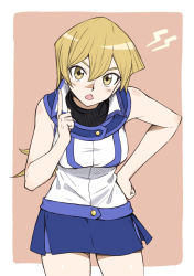 Rule 34 | 1girl, blonde hair, blue skirt, blush, breasts, brown background, cowboy shot, duel academy uniform (yu-gi-oh! gx), hand on own hip, highres, index finger raised, leaning forward, long hair, looking at viewer, medium breasts, miniskirt, open mouth, rourou ill, shirt, skirt, sleeveless, sleeveless shirt, solo, standing, straight hair, tenjouin asuka, two-tone background, very long hair, white background, white shirt, yellow eyes, yu-gi-oh!, yu-gi-oh! gx