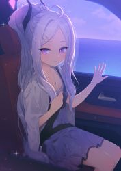 Rule 34 | 1girl, ahoge, blue archive, bracelet, braid, car interior, closed mouth, collarbone, commentary request, dress, feet out of frame, hair intakes, hair ornament, hairclip, high ponytail, highres, hina (blue archive), horizon, horns, jacket, jewelry, long sleeves, looking at viewer, nishiki koi, ocean, open clothes, open jacket, parted bangs, pearl bracelet, pendant, ponytail, purple dress, seatbelt, silver hair, smile, solo, water, white jacket, wide sleeves