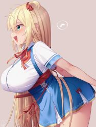 Rule 34 | 1girl, ahoge, akai haato, akai haato (1st costume), aqua eyes, arched back, blonde hair, blue skirt, blush, breasts, brown background, collared shirt, commentary request, fang, hair ornament, heart, heart hair ornament, highres, hololive, large breasts, leaning forward, long hair, magowasabi, musical note, open mouth, red ribbon, ribbon, shirt, short hair, simple background, skin fang, skirt, smile, solo, spoken musical note, standing, very long hair, virtual youtuber, white shirt
