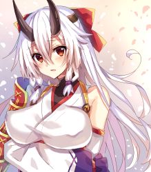 Rule 34 | 1girl, bad id, bad pixiv id, blush, breasts, crossed arms, fate/grand order, fate (series), hair between eyes, headband, horns, japanese clothes, large breasts, oni horns, open mouth, petals, red eyes, ribbon, silver hair, tomo, tomoe gozen (fate), upper body