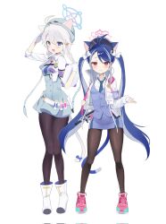 Rule 34 | 2girls, 5uj0, animal ears, antenna hair, black pantyhose, blue archive, blue eyes, blue hair, blue halo, blue hat, blue necktie, blue skirt, blue vest, blush, boots, braid, breasts, buttons, cat ears, cat tail, closed mouth, collared shirt, fubuki (blue archive), grey hair, halo, hat, highres, kirino (blue archive), long hair, long sleeves, multicolored hair, multiple girls, necktie, open mouth, pantyhose, peaked cap, pink footwear, pink halo, red eyes, shirt, shoes, simple background, skirt, small breasts, smile, tail, twin braids, vest, white background, white footwear, white shirt