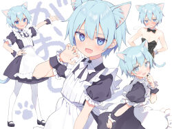 Rule 34 | 1boy, animal ears, blue eyes, blue hair, blush, breasts, cat ears, cat tail, fingernails, leotard, looking at viewer, maid, misskey.io, multiple views, murakami-san (misskey.io), open mouth, pantyhose, playboy bunny, ryouka (suzuya), small breasts, tail, white pantyhose, wrist cuffs