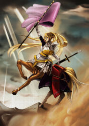 Rule 34 | 1girl, animal ears, arm up, armor, blonde hair, blue eyes, breasts, centaur, centorea shianus, closed mouth, cloud, cloudy sky, commentary request, desert, flag, floating hair, full armor, full body, gauntlets, hair between eyes, highres, holding, holding pole, holding sheath, horse ears, horse tail, imaani, large breasts, light rays, long hair, monster girl, monster musume no iru nichijou, multiple legs, pointy ears, pole, ponytail, rearing, saddle, shadow, sheath, sheathed, shoulder armor, sidelocks, sky, solo, standing, sword, tail, taur, very long hair, weapon