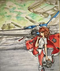 Rule 34 | 1girl, brown hair, cannon, canopy (aircraft), cowlick, floating hair, from side, gradius, green eyes, highres, jacket, looking at viewer, marker (medium), medium hair, pants, red jacket, red pants, salamander (game), science fiction, shikishi, shirt, spacecraft, starfighter, stg stg, traditional media, vic viper, white shirt