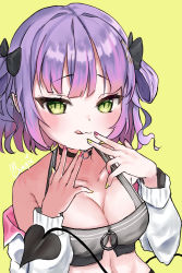 Rule 34 | 1girl, alternate breast size, alternate hairstyle, bad id, bad pixiv id, black choker, blush, bow, breasts, choker, cleavage, crop top, demon tail, ear spike, eyelashes, fingers to mouth, green eyes, hair bow, hair rings, hands up, highres, hololive, jacket, licking lips, looking at viewer, medium breasts, multicolored hair, multicolored nails, nail polish, navel, o-ring, o-ring choker, off shoulder, partially unzipped, pink hair, pink nails, pointy ears, purple hair, short hair, signature, simple background, solo, tail, tokoyami towa, tongue, tongue out, tsurime, two-tone hair, usagii 11, virtual youtuber, wavy hair, white jacket, yellow background, yellow nails