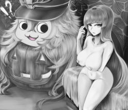 Rule 34 | !?, 1girl, arm under breasts, azur lane, black hat, blue eyes, breasts, cowboy shot, curvy, facing viewer, flying, gleam-and-dark, gneisenau (azur lane), graf zeppelin (azur lane), greyscale, hat, jack-o&#039;-lantern, large breasts, legs together, long hair, looking at another, looking at viewer, monochrome, mutsuki face (azur lane), nude, pasties, peaked cap, purple hair, solo, thigh gap, very long hair
