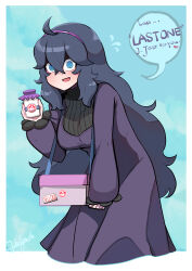 Rule 34 | 1girl, @ @, absurdres, ahoge, alternate breast size, bags under eyes, blush, bottle, breasts, creatures (company), dress, english text, game freak, hairband, hex maniac (pokemon), highres, holding, holding bottle, john (a2556349), large breasts, long dress, looking at viewer, messy hair, milk bottle, moomoo milk, nintendo, pokemon, pokemon xy, purple eyes, purple hair, purple hairband, smile, solo