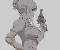 Rule 34 | 1girl, breasts, dorothy (princess principal), from side, genso, greyscale, gun, hand on own hip, handgun, holding, large breasts, long hair, long sleeves, monochrome, princess principal, revolver, sidelocks, sketch, solo, upper body, weapon