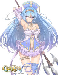 Rule 34 | 1girl, blue hair, breasts, chrono dios, kagerou (shadowmage), large breasts, long hair, original, purple eyes, simple background, solo, very long hair, weapon, white background
