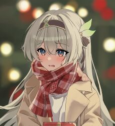 blue_pupils blush coat firefly_(honkai:_star_rail) gift grey_hair hair_intakes hair_ornament hairband highres honkai:_star_rail honkai_(series) k2_(kazu1030) multicolored_eyes red_scarf scarf shirt sweatdrop two-tone_eyes white_shirt