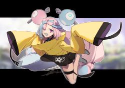 Rule 34 | 1girl, bow-shaped hair, character hair ornament, creatures (company), game freak, grey pantyhose, hair ornament, highres, iono (pokemon), jacket, long hair, low-tied long hair, multicolored hair, nintendo, no-kan, oversized clothes, pantyhose, pokemon, pokemon sv, sharp teeth, single leg pantyhose, sleeves past fingers, sleeves past wrists, solo, split-color hair, teeth, very long sleeves, x, yellow jacket