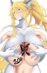 Rule 34 | 1girl, 2024, armpit crease, armpits, artoria pendragon (all), artoria pendragon (fate), artoria pendragon (lancer) (fate), artoria pendragon (lancer alter) (fate), artoria pendragon (lancer alter) (fate) (cosplay), artoria pendragon (swimsuit ruler) (fate), blonde hair, blush, body writing, bodysuit, braid, breasts, center opening, cosplay, fate/grand order, fate (series), french braid, hair between eyes, horns, huge breasts, long hair, looking at viewer, navel, paizuri invitation, ponytail, revealing clothes, ribbed bodysuit, sideboob, sidelocks, soba (saz), translation request, underboob, white bodysuit, yellow eyes