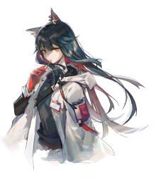 Rule 34 | 1girl, animal ear fluff, animal ears, arknights, black hair, black shirt, breasts, chinese commentary, closed mouth, commentary, cowboy shot, dadijiji, earrings, expressionless, food, gloves, hair between eyes, highres, hood, hooded jacket, jacket, jewelry, long hair, looking at viewer, mouth hold, multicolored hair, name tag, official alternate costume, open clothes, open jacket, orange eyes, pocky, red gloves, red hair, shirt, simple background, small breasts, solo, strap, streaked hair, texas (arknights), texas (winter messenger) (arknights), turtleneck, two-tone hair, white background, white jacket, wind, wolf ears