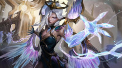 Rule 34 | 1girl, 1other, absurdres, armor, bare shoulders, breasts, claws, cleavage, cowboy shot, derivative work, detached wings, dress, facial mark, full armor, glowing, green dress, grey eyes, grey hair, hair over one eye, halo, hands up, highres, holding, holding weapon, large breasts, league of legends, long hair, looking at viewer, morgana (league of legends), red lips, solo, souryuu (pikamikaqo), strapless, strapless dress, weapon, wings